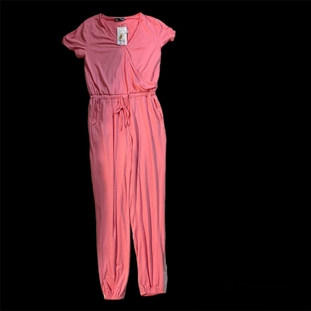 Pretty Garden Women's Deep V-Neck Wrap Drawstring Waist Jumpsuit, Size Small
